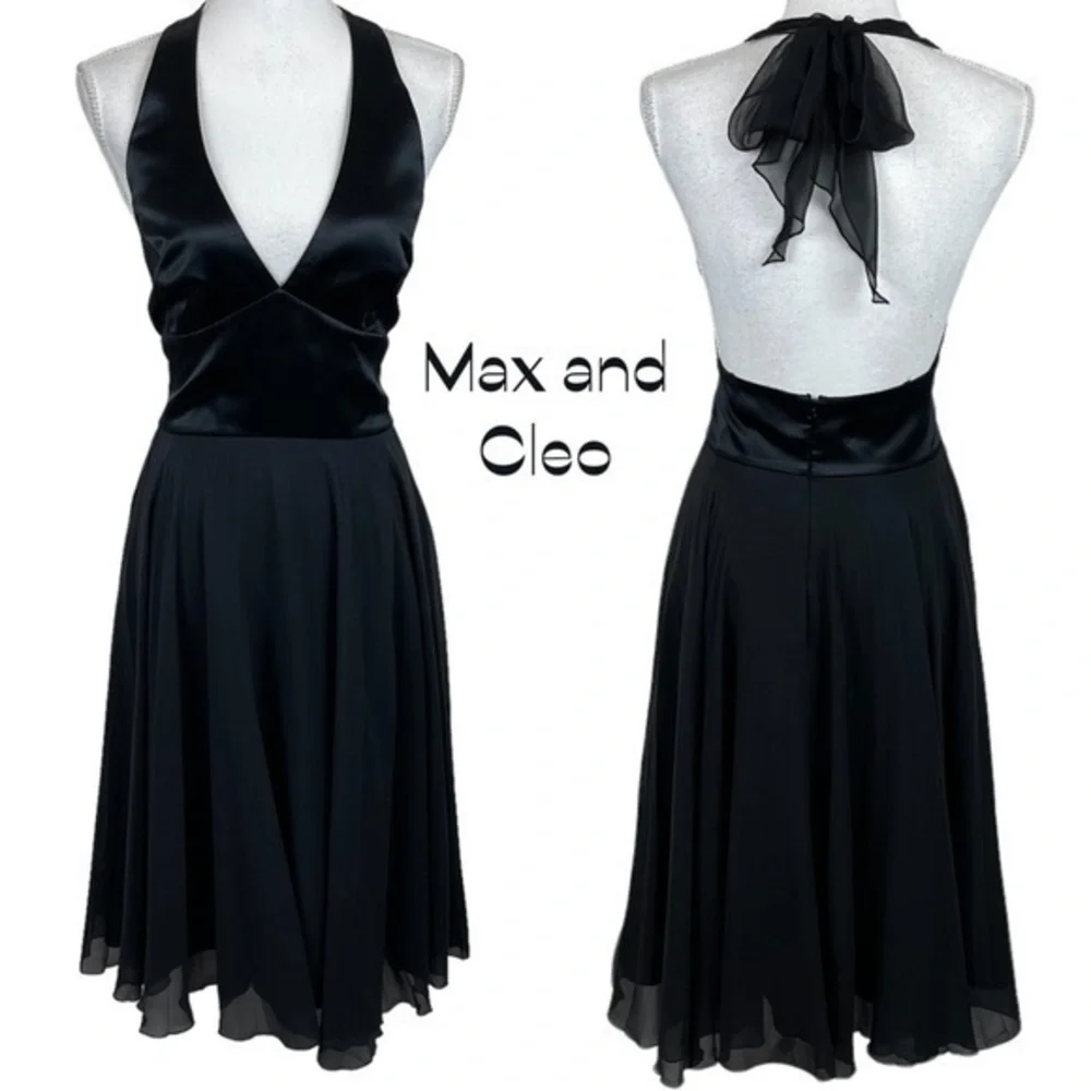 Max And Cleo Black Silk V-Neck BalletCore Halter Midi Dress NWT